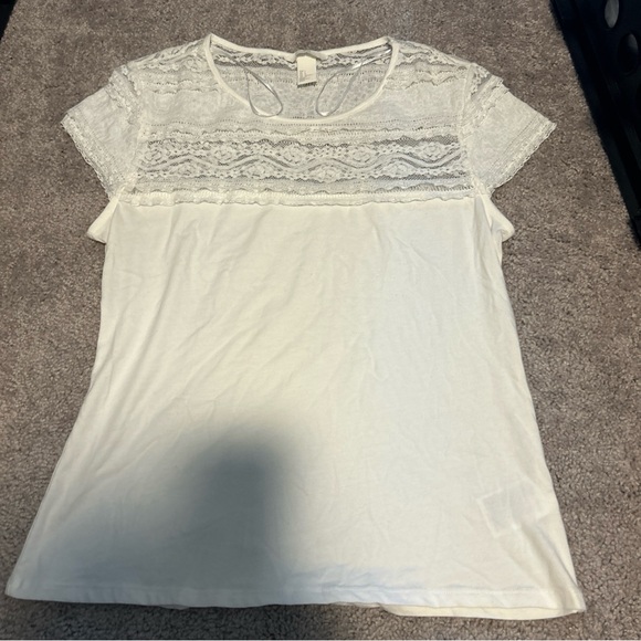 H&M Lace Trim Solid White Short Sleeve T-Shirt Slim Large Stretch 90s￼ - Picture 2 of 6